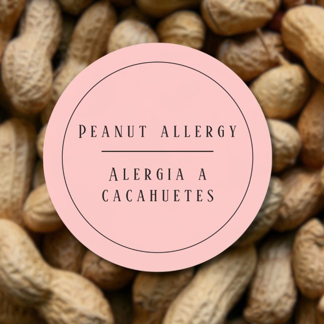 Sticker Rond Pink Bilingue Alerte d'allergie aux arachides Espa (Pink Bilingual Peanut Allergy Alert, Spanish custom text, Multilingual Project)