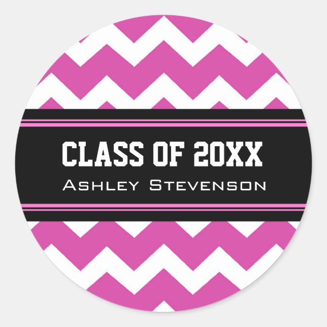 Sticker Rond Pink Black Chevrons Graduation Nom personnalisé (Devant)