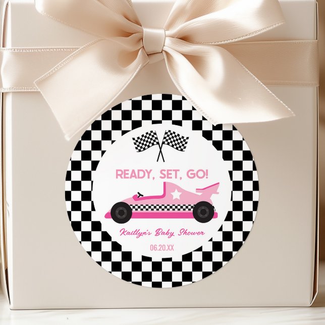 Sticker Rond Pink Black Race Car Ready Set Go Baby shower Favor (Créateur téléchargé)