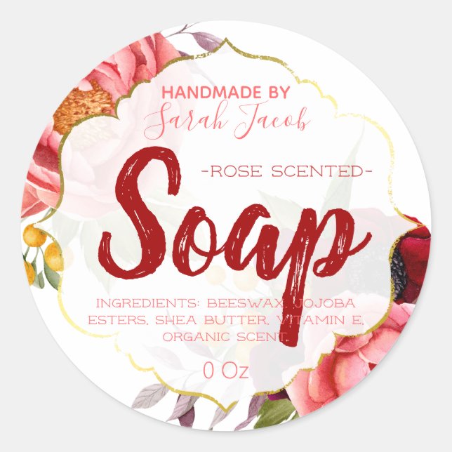 Sticker Rond Pink Blanc Faux Or Floral Aquarelle savon (Devant)