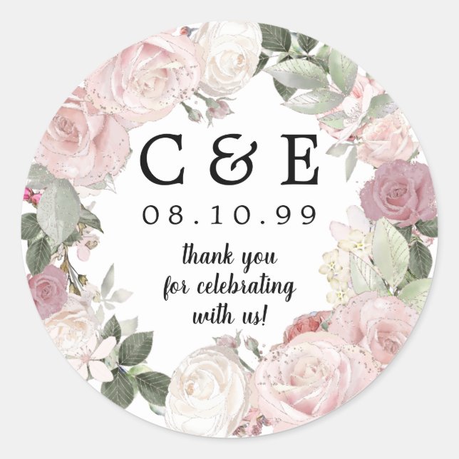 Sticker Rond Pink Blanc Floral Monogramme Mariage Merci (Devant)