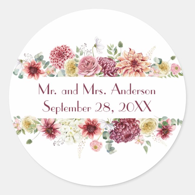 Sticker Rond Pink Blanc Floral Personnalisé Noms Mariage Date (Devant)