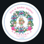 Sticker Rond Pink Blue Christmas Nutcracker Wreath Baby shower<br><div class="desc">Cute Rose et Bleu Casse-noisette de Noël Wreath pour le thème baby shower sucré. Recherchez les produits correspondants (ci-dessous). Personnalisé.</div>