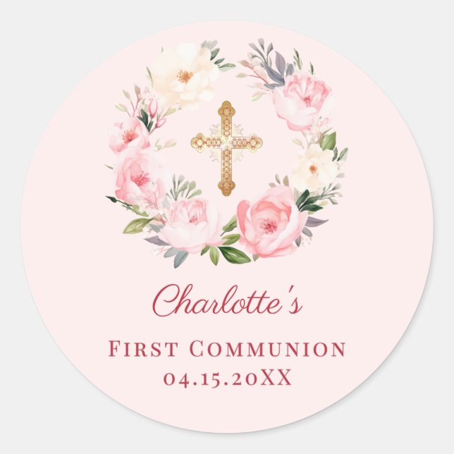 Sticker Rond Pink blush floral wreath First Communion (Devant)