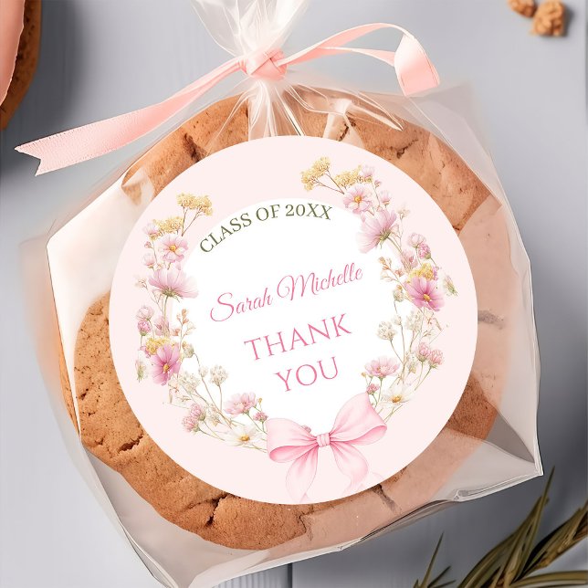 Sticker Rond Pink Boho Wildflowers Graduation Party (Créateur téléchargé)