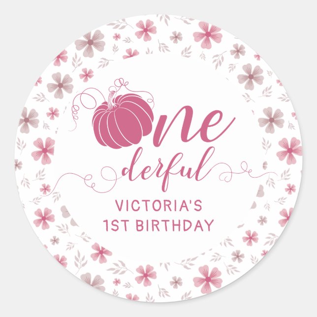 STICKER ROND PINK BOW & ARCH FALL PUMPKIN FLOWERS BIRTHDAY (Devant)