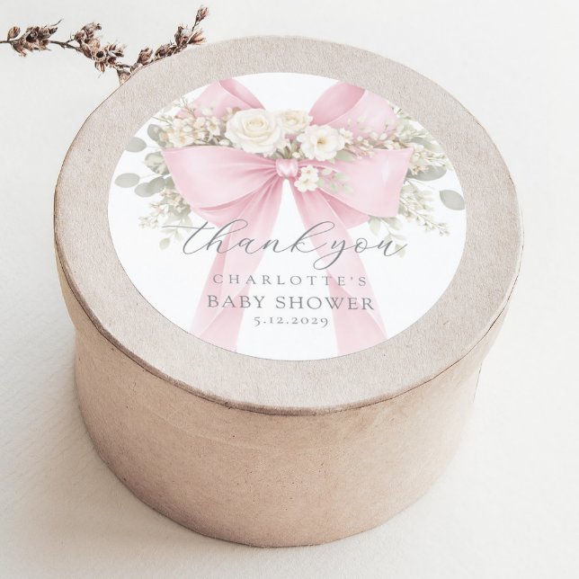 Sticker Rond Pink Bow Baby Shower floral Thank you (Créateur téléchargé)