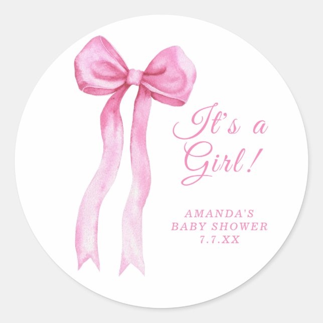 Sticker Rond Pink Bow C'est un Baby shower fille (Devant)