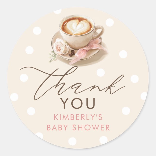 Sticker Rond Pink Bow Coffee Baby Shower Thank You (Devant)