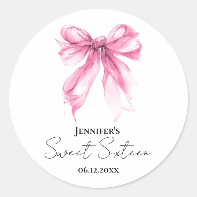 Sticker Rond Pink Bow Coquette Script Sweet 16 Party (Devant)