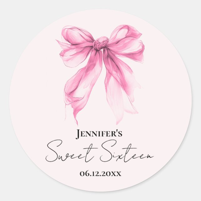 Sticker Rond Pink Bow Coquette Script Sweet 16 Party Blush  (Devant)