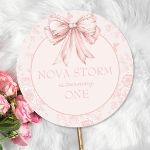 Sticker Rond Pink Bow fête d'anniversaire Whimsy Toile personna