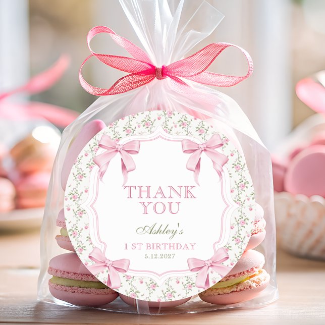 Sticker Rond Pink Bow Floral Coquette 1st Birthday Thank You  (Créateur téléchargé)