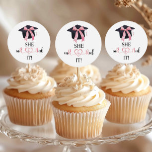 Sticker Rond Pink Bow Graduation Elle A Gagné It Cupcake Topper