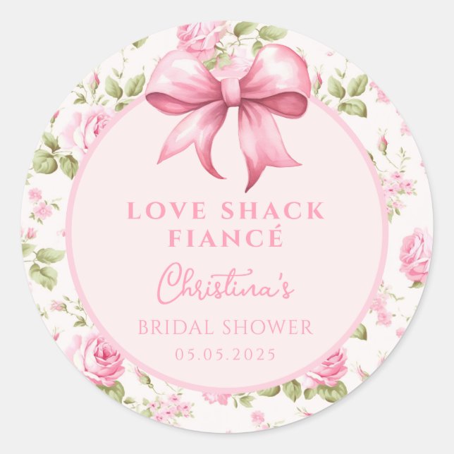 Sticker Rond Pink Bow Love Shack Fiance Fête des mariées (Devant)