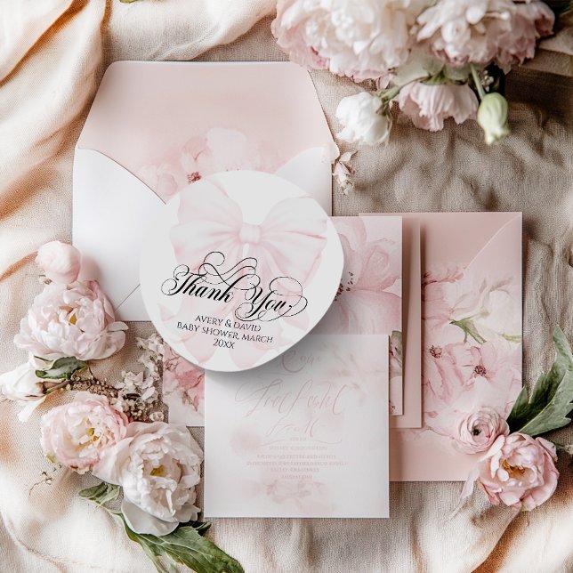 Sticker Rond Pink Bow moderne Élégant Baby shower fille (Créateur téléchargé)