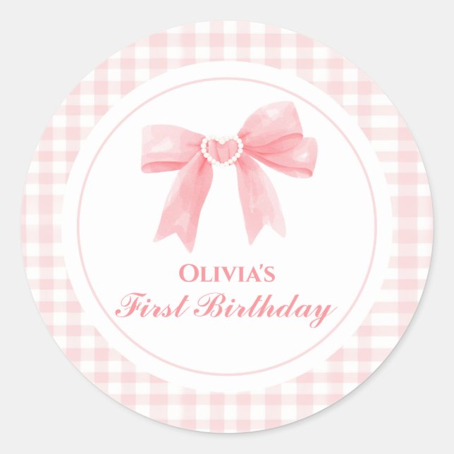 Sticker Rond Pink Bow preppy Coquette 1er anniversaire (Devant)