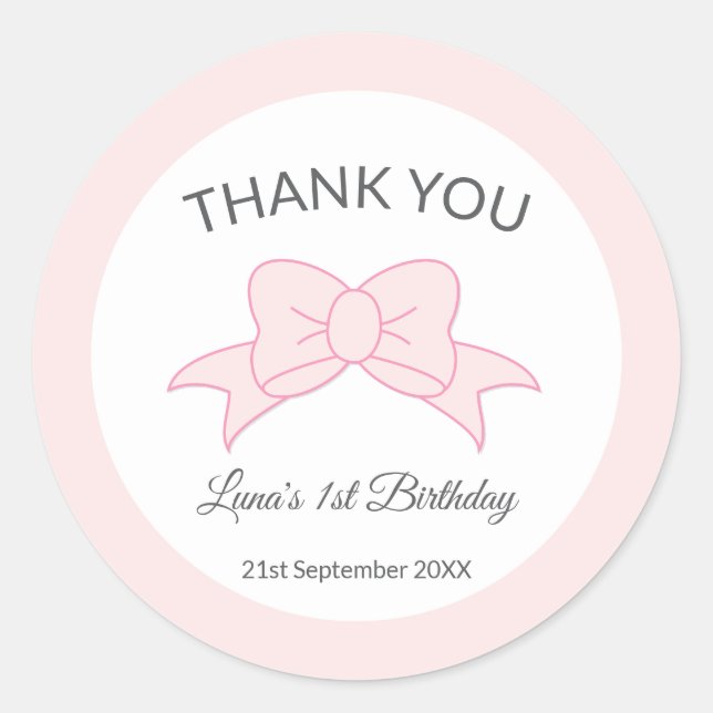 Sticker Rond Pink Bow Thank You Girl Kids 1st Birthday  (Devant)