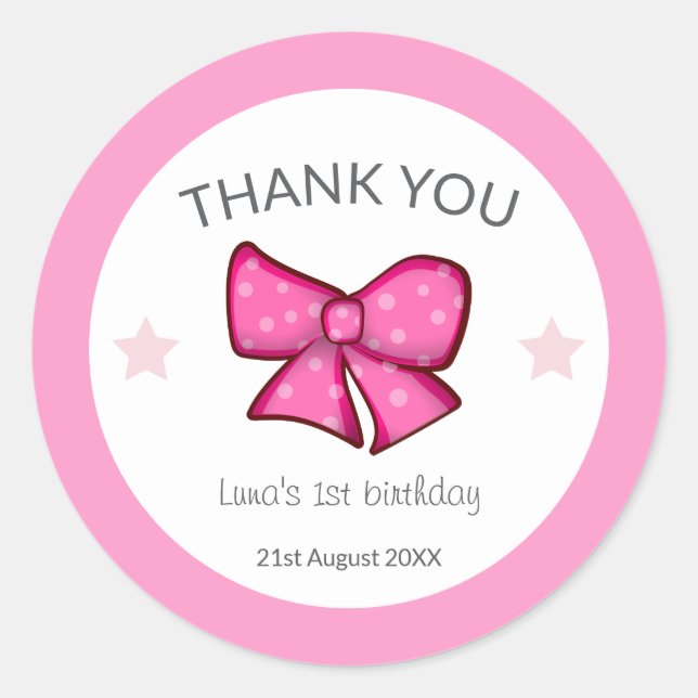 Sticker Rond Pink Bow Thank You Girl Kids 1st Birthday  (Devant)