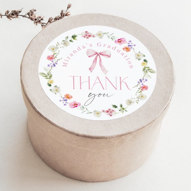 Sticker Rond Pink Bow Wildflower Graduation party Thank you (Créateur téléchargé)