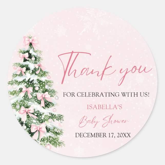 Sticker Rond Pink Bows Christmas Tree Girl Baby shower d'hiver (Devant)