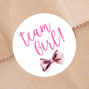 Sticker Rond Pink Bows Team Girl Gender Revevela Party