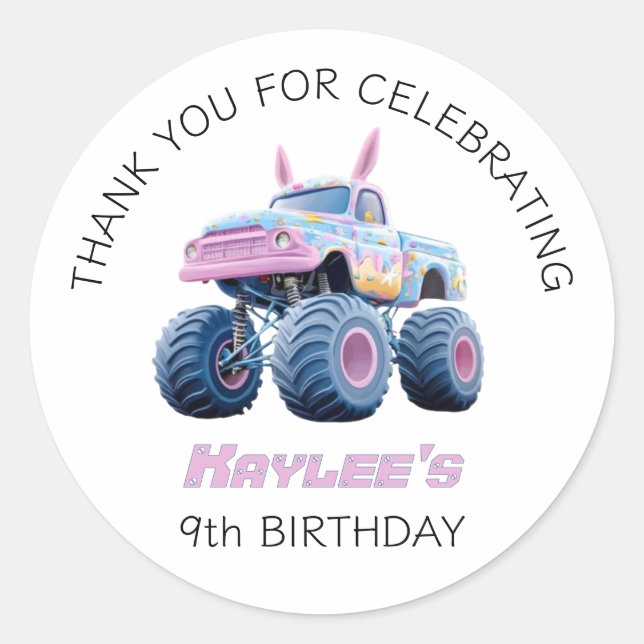 Sticker Rond Pink Bunny Monster Camion Girls Merci Anniversaire (Devant)