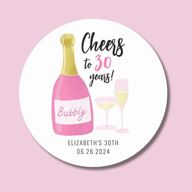 Sticker Rond Pink Cheers à 30 ans bubbly 30e anniversaire fête (Cheers to 30 years pink champagne stickers.  Full 30th birthday party range collection.)