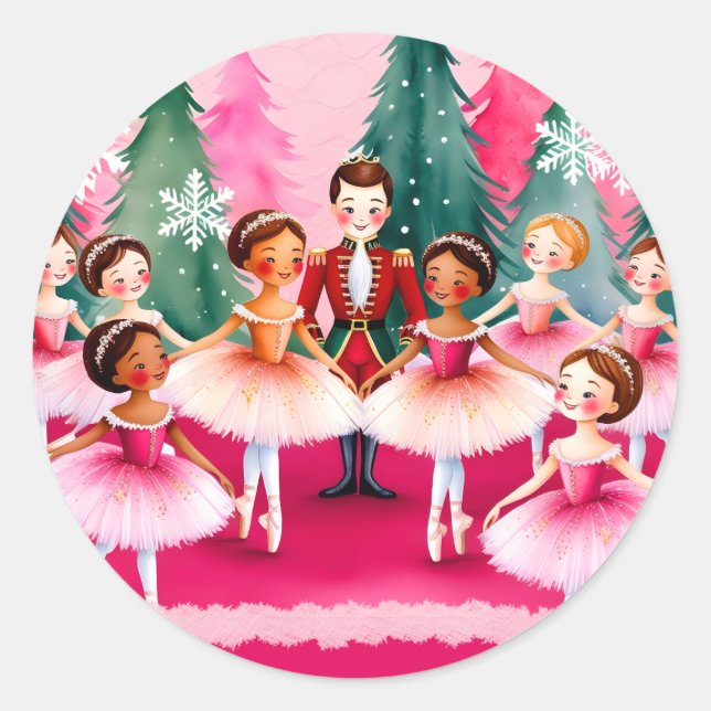 Sticker Rond Pink Christmas Nutcracker Ballerina Anniversaire d (Devant)
