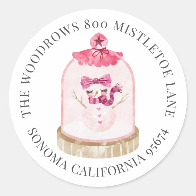 Sticker Rond Pink Christmas Snow Globe Retourner l'adresse Étiq (Devant)