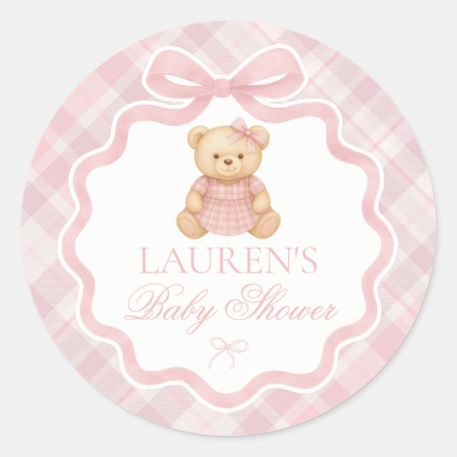 Sticker Rond Pink Coquette Bow Bear Baby Shower Envelope Seal (Devant)