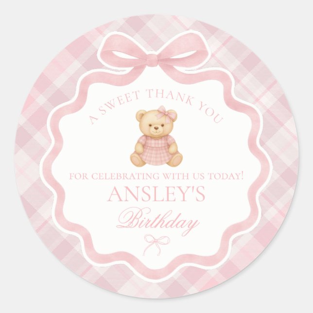 Sticker Rond Pink Coquette Bow Bear Tartan Birthday Favor (Devant)