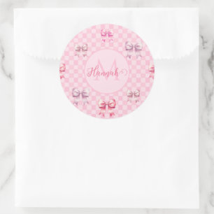 Sticker Rond Pink Coquette Bow Checboard