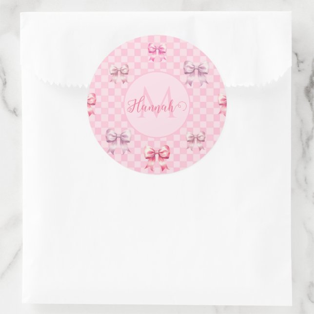 Sticker Rond Pink Coquette Bow Checboard (Sac)