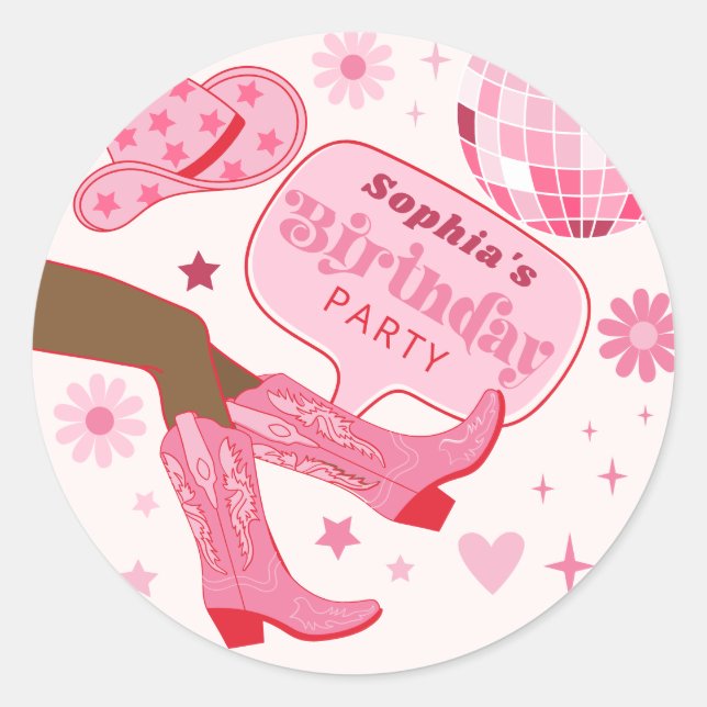 Sticker Rond Pink Cowgirl Anniversaire Fête Allons Filles Faveu (Devant)