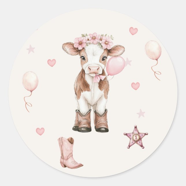 Sticker Rond Pink Cowgirl Birthday | Farm Theme 1st  (Devant)