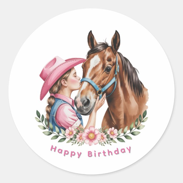 Sticker Rond Pink Cowgirl Kissing a Horse Birthday Party (Devant)
