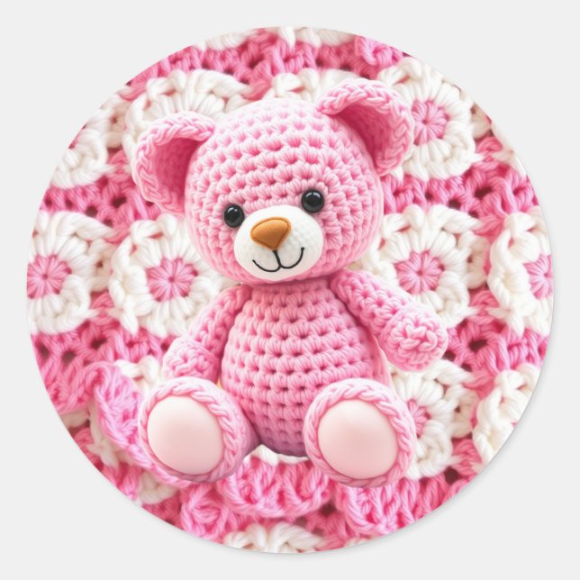 Sticker Rond Pink Crocheted Teddy Bear It's a Girl (Devant)
