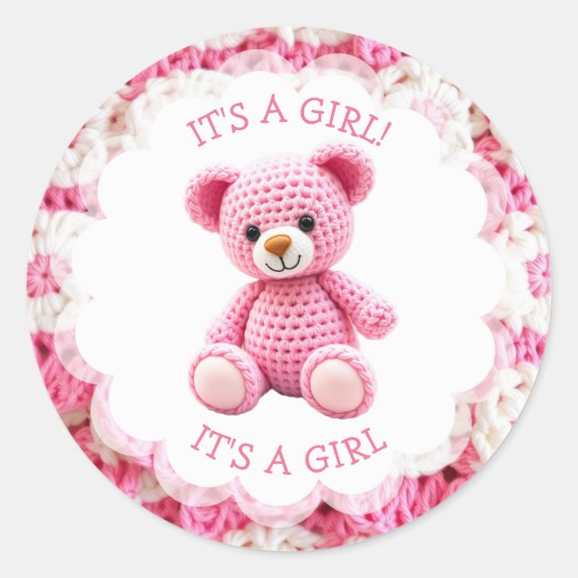 Sticker Rond Pink Crocheted Teddy Bear It's a Girl (Devant)