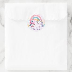 Sticker Rond Pink Cute Unicorn dinosaures arc-en-ciel fête d'an
