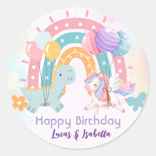 Sticker Rond Pink Cute Unicorn dinosaures arc-en-ciel fête d'an