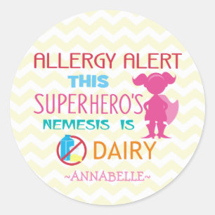Sticker Rond Pink Dairy Allergy Alert Superhero Girl Silhouette