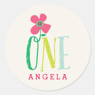 Sticker Rond Pink Daisy Pop One Girl's 1st Birthday Party Favor