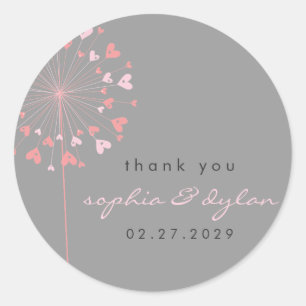 Sticker Rond Pink Dandelion Flower Love Hearts Mariage d'été