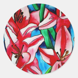 Sticker Rond Pink day Lily watercolor art painting