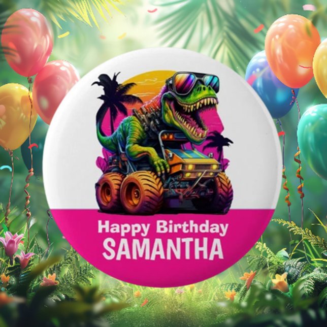 Sticker Rond PINK Dino-Mite MONSTER TRUCK Anniversaire (Celebrate in style with our PINK Dino-Mite MONSTER TRUCK birthday party stickers!)