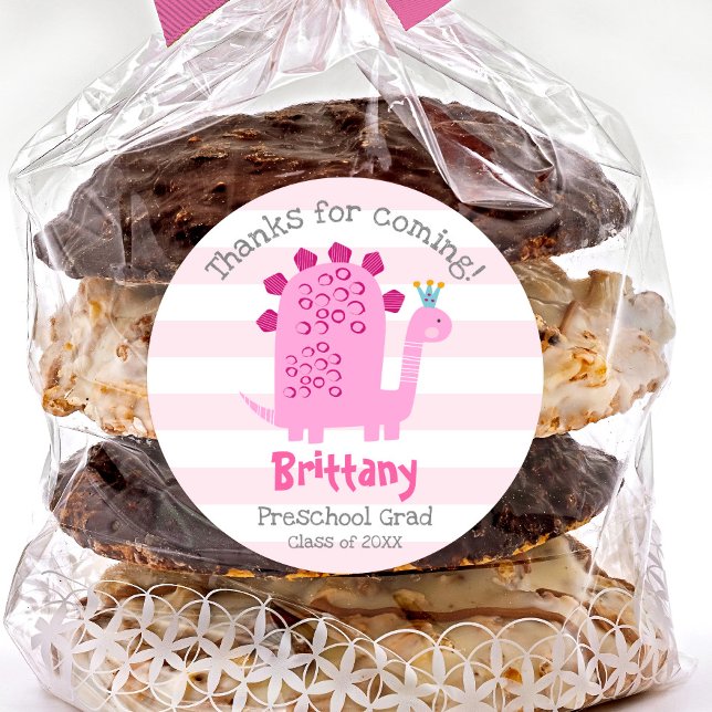 Sticker Rond Pink Dinosaur Girl Preschool Graduation Thank You (Créateur téléchargé)