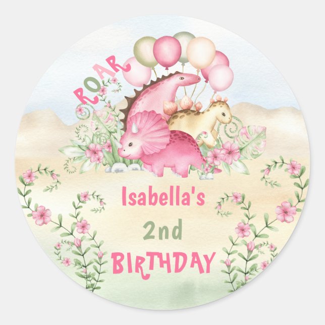 Sticker Rond Pink Dinosaur Petite fille Pastel mignon Anniversa (Devant)