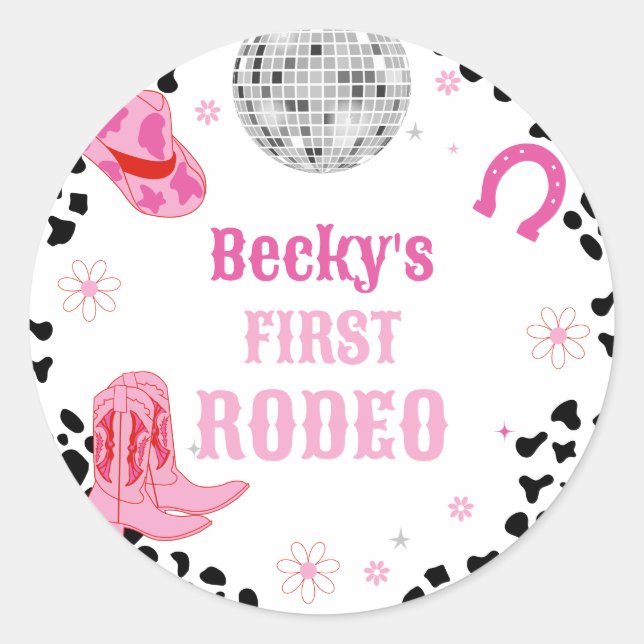 Sticker Rond Pink Disco First Rodeo Cowgirl 1er anniversaire (Devant)