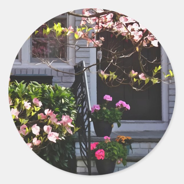 Sticker Rond Pink Dogwood and Pots of Geraniums (Devant)